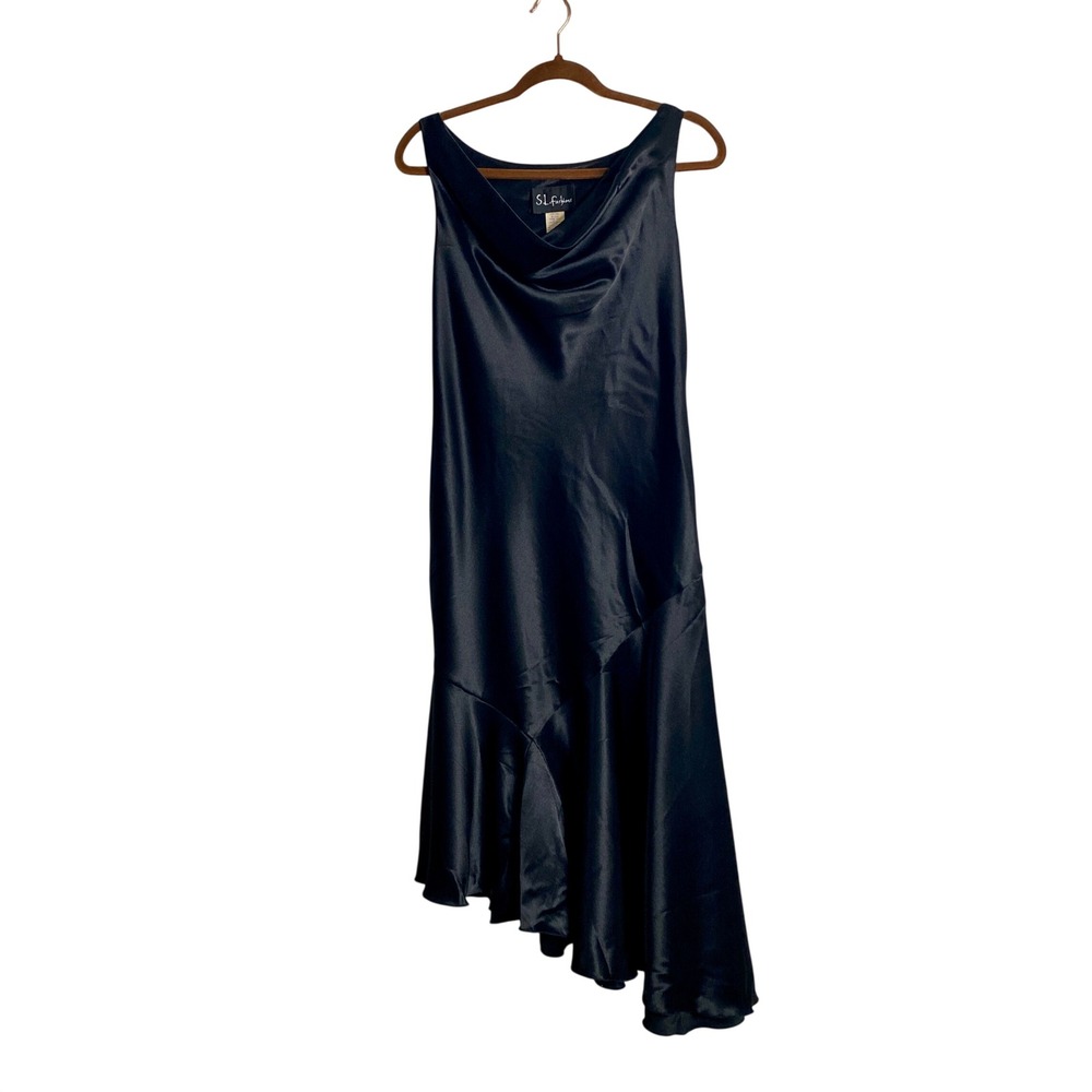 Vintage S.L. Fashions Black Satin Cowl Neck Asymmetrical Hem Slip Dress Y2K 90s